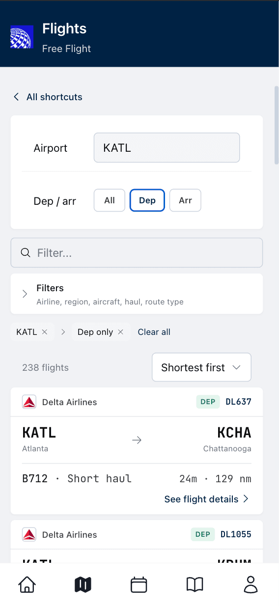 SimRoster Flight Browser on iPhone