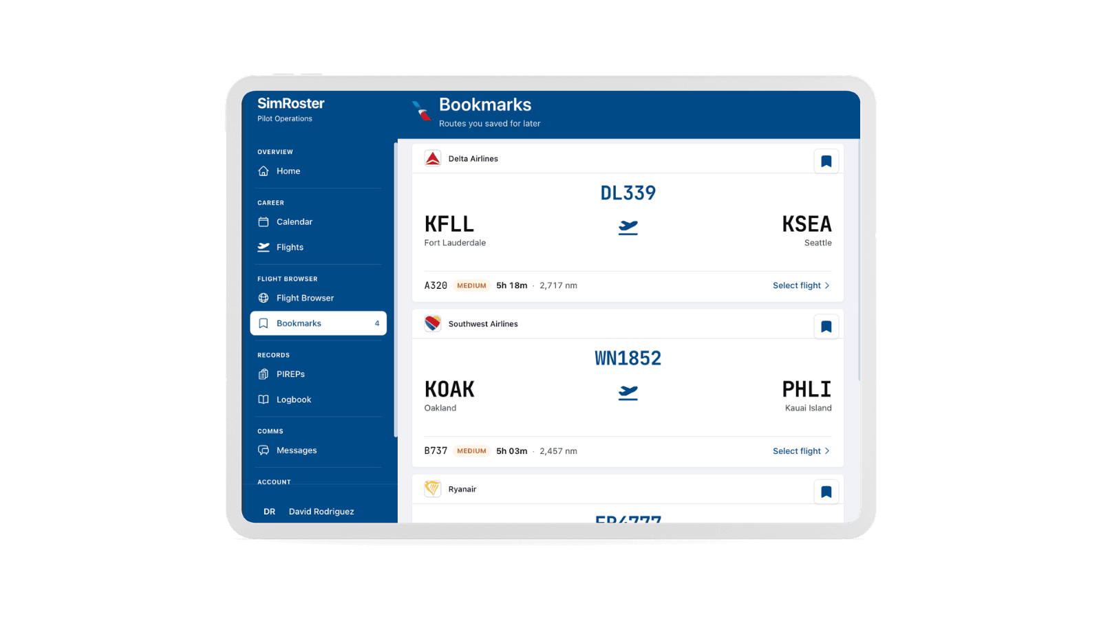 SimRoster Saved for later bookmarks and shortlist in Flight Browser